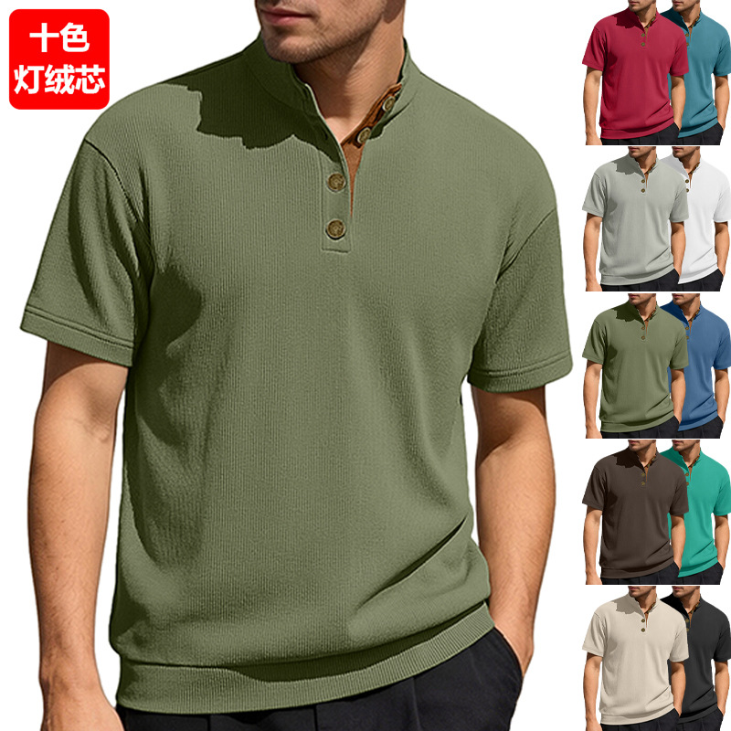 Estación independiente transfronteriza primavera y otoño tamaño europeo hombre ocio al aire libre cuello de manga corta velcro jersey de punto