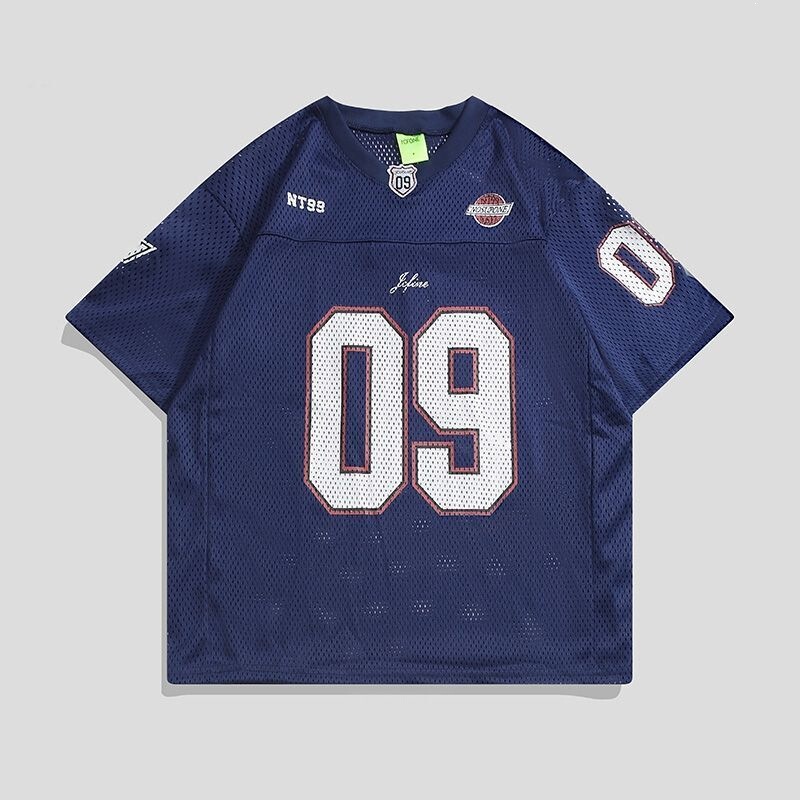 American Retro Sports Hollow-Out Breathable Mesh Patchwork 09 Print Summer Loose V-Neck Short-Sleeve Couple's Jersey T-Shirt American Retro Sports Hollow-Out Breathable Mesh Patchwork 09 Print Summer Loose V-Neck Short-Sleeve Couple's Jersey T-Shirt