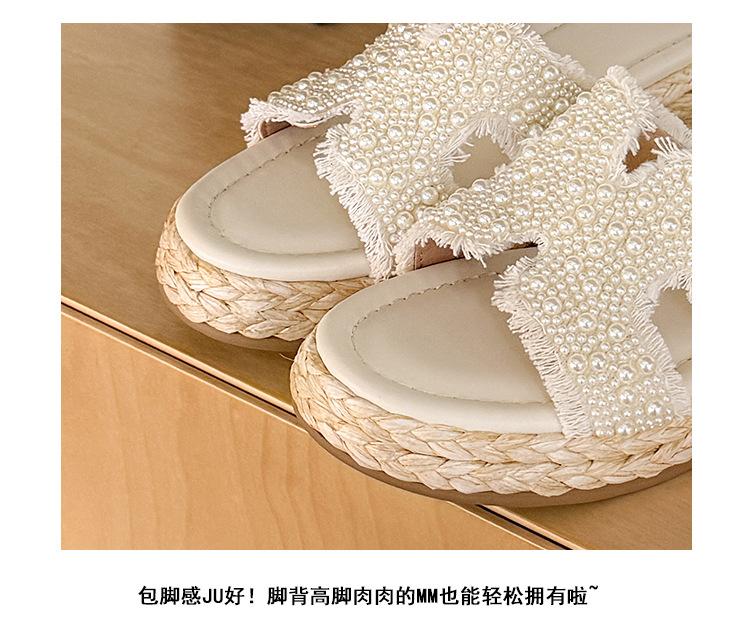 Dép sandal xỏ ngón nữ đế bệt cao 5 cm phong cách Pháp đính ngọc trai và đá — màu trắng ngà, màu mơ chi tiết 5