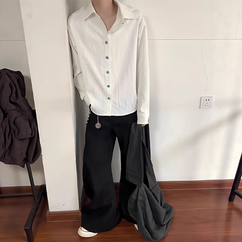 Tears of the Ocean Long-Sleeved Shirt for Men, High-End, Stylish Turquoise Pleated Shirt, White Cleanfit Jacket