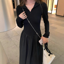 黑色POLO领连衣裙女春秋季韩版收腰轻熟风设计感小众甜美气质长裙