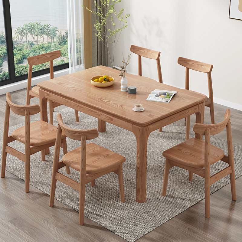 Mesa de comedor de madera maciza nórdica y combinación de silla moderna minimalista blanco cera rectangular Mesa pequeño apartamento comedor casa