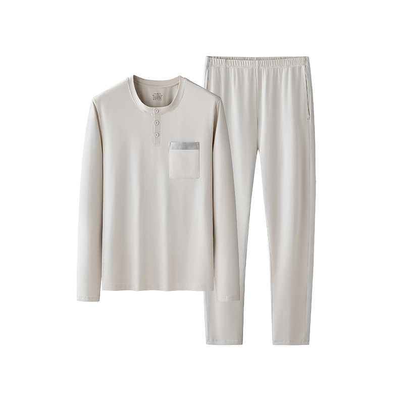 Nuevo estilo de algodón Mo pantalones de manga larga para hombre, traje de pijama, cuello redondo, estilo delgado, bolsillo para salir, servicio a domicilio en stock
