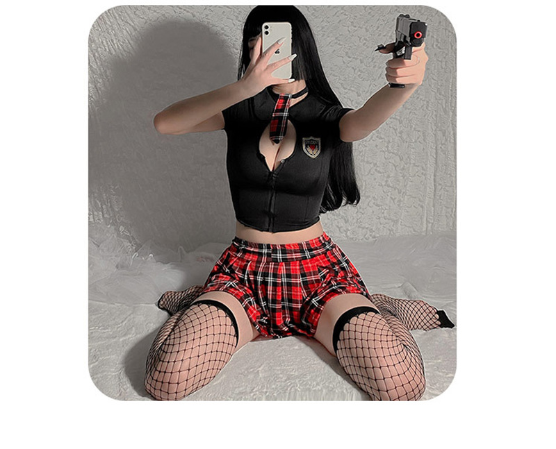 British College Style Student Uniform Costume Set with Plaid Skirt, Tie and Stockings — detail image 2