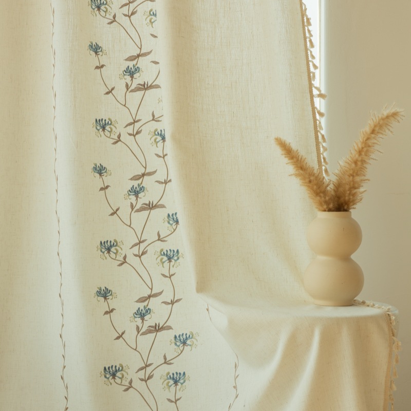 Cross-border Cotton and Linen Curtain American Embroidery Flower Fresh Semi-shading Curtain Small Short Curtain for Kitchen, Balcony and Bedroom