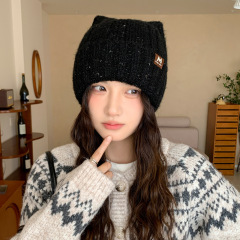 冬季新款猫耳朵帽子女保暖时尚百搭针织帽大头围显脸小防风毛线帽