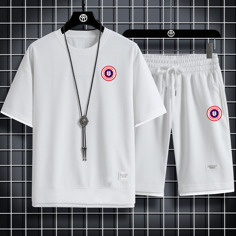 Herrenbekleidung Waffelstrick Sport CCVV Freizeitanzug für Herren, US-Kartendruck, locker sitzender zweiteiliger Anzug aus Kurzarmhemd und Shorts._voghion.com