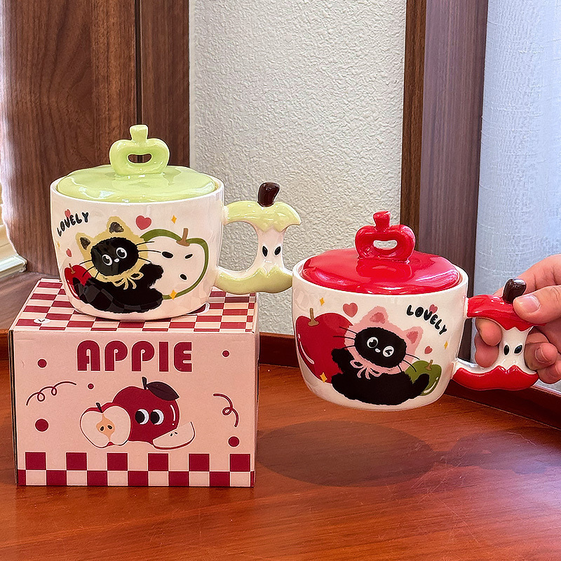 Apple Cat マグカップ 女の子用、見た目もかわいくて高温耐性、学生寮オフィスポータブルセラミックウォーターカップ|undefined