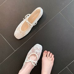 【グレープママ】かすみ色バレエ～3.5cmスクエアトゥレースメッシュリボン付きインヒールメリージェーンシューズ（レディース）