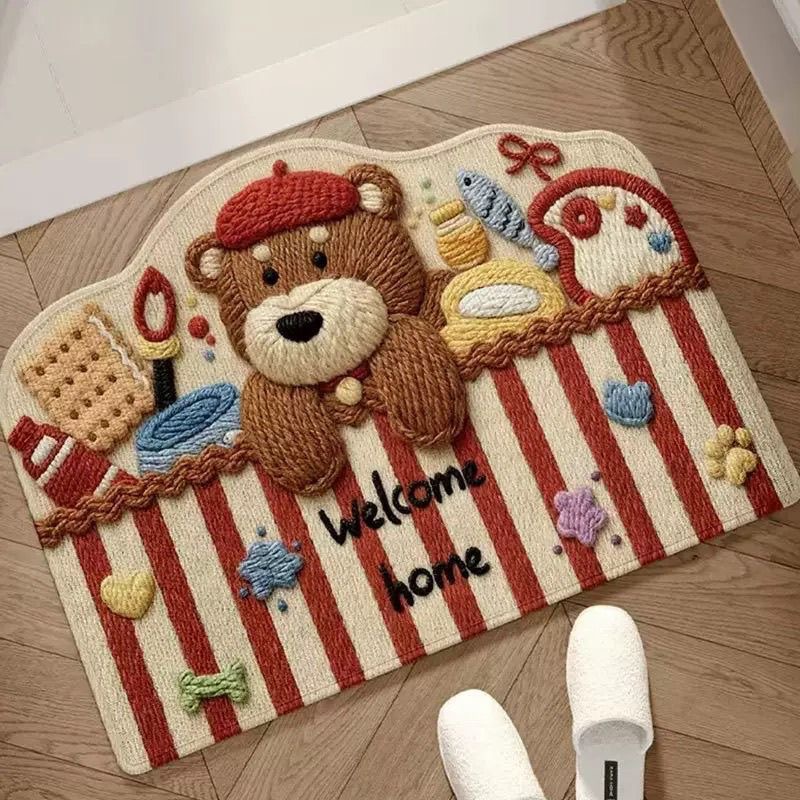 Diatomaceous Earth Striped Cartoon Bear and Penguin Entrance Mat, Household Doormat for Entryway, Dust-Removing Non-Slip Mat for Bathroom