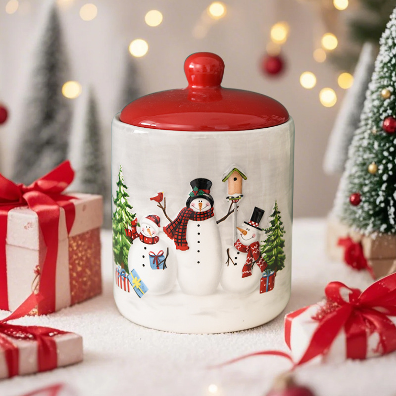 Muñeco de nieve nórdico redondo sellado en latas de cerámica grande snack creativo almacenamiento de regalos de Navidad