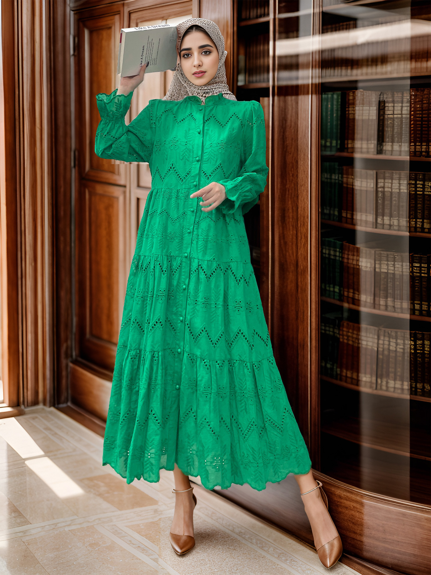Cross-border Muslim Loose Middle Eastern Dubai Robe Abaya Gown Dress With Lace_ecoleips.com