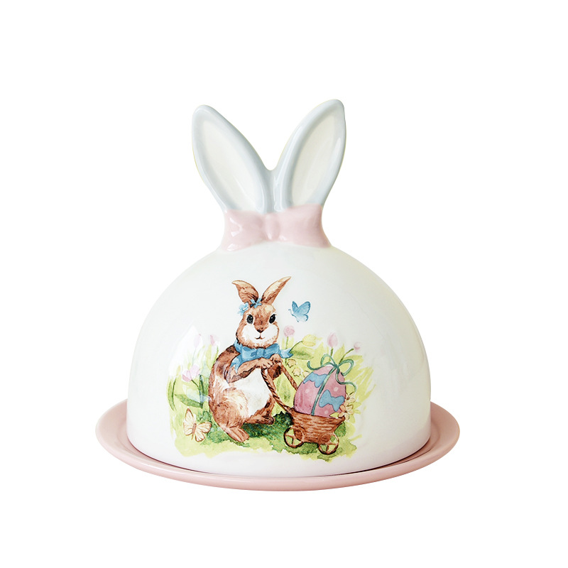 Cerámica de Pascua dibujos animados conejos cubiertos encantadores platos de mantequilla domésticos comercio exterior