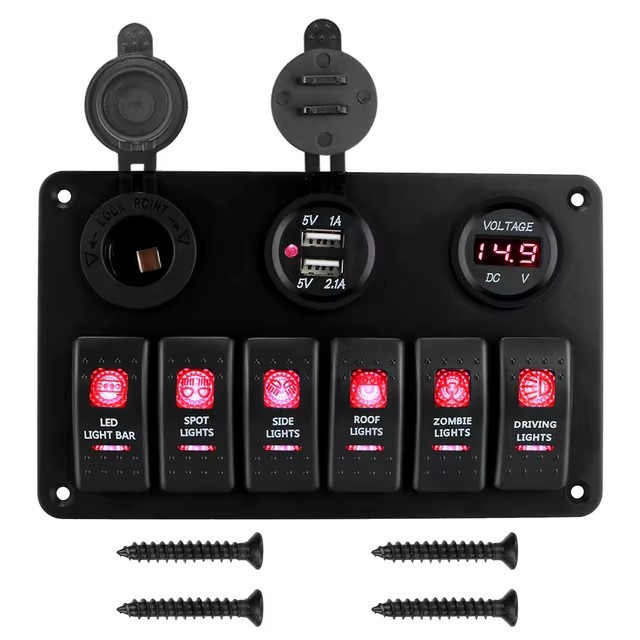 Interruptor universal transfronterizo de RV de 6 lugares, barco, automóvil yate con voltímetro de toma de carga USB dual montado en el vehículo