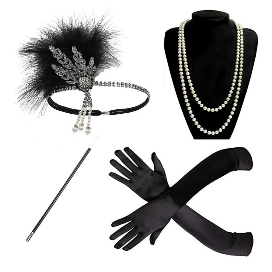 1960s Gatsby Venta caliente retro danza diadema negro avestruz pluma banda de pelo perla rhinestone tocado club nocturno