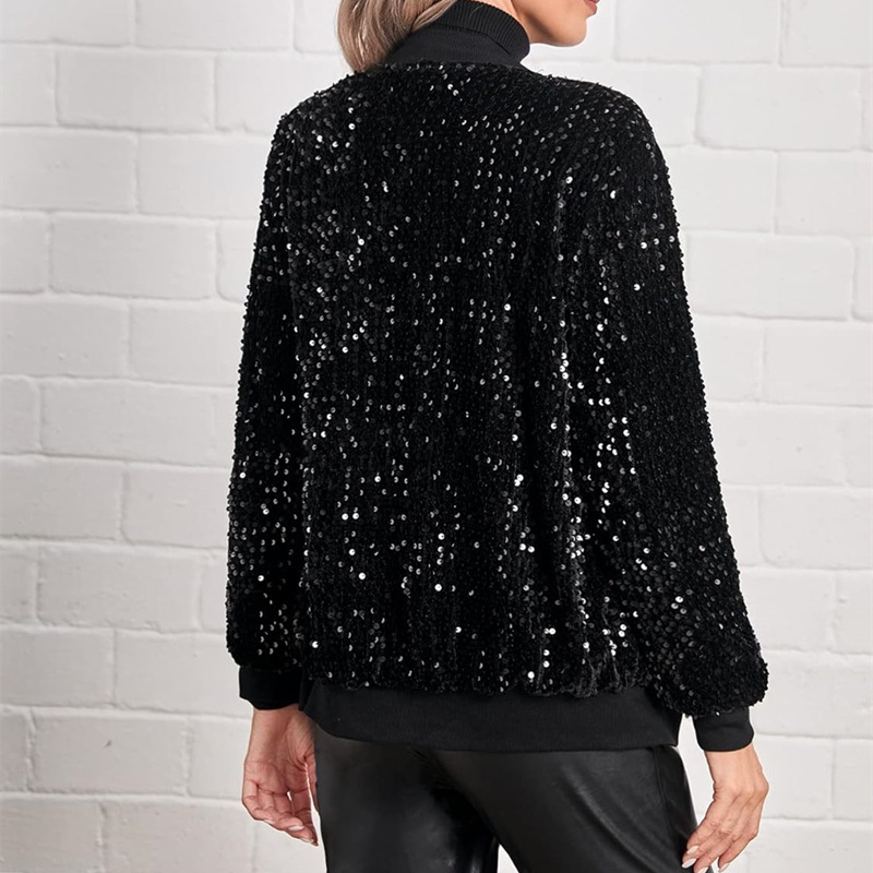 Chaqueta Corta de Punto Tipo Cárdigan de Poliéster con Lentejuelas y Cremallera para Uso Casual image 3