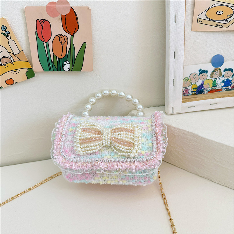 Colorido lentejuelas de los niños bolsa arco accesorios princesa estilo occidental perla bolso coreano mini cadena mensajero bolsa