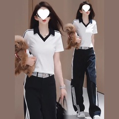 ファッションスーツ女性2025夏の新型洋気痩せPOLO襟tシャツワイドパンツカジュアル減齢2点セット