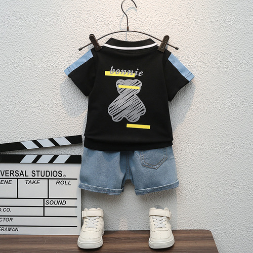 Children's new summer short-sleeved suit, baby boy, fashionable denim shorts two-piece set, children's clothing one piece drop shipping