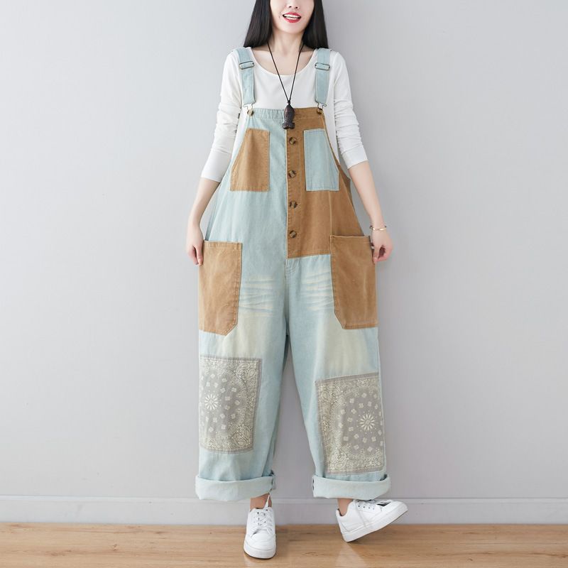 2025 New Personalized Patchwork Jeans Literary Washed Large Size Loose Overalls Ethnic Style Wide Leg Pants