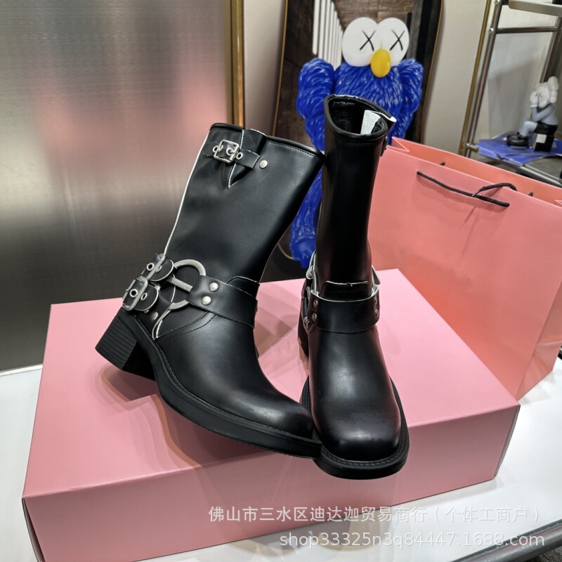 易梦玲miuu家皮带扣棕色长筒靴不过膝圆头西部牛仔骑士靴欧美风靴|undefined