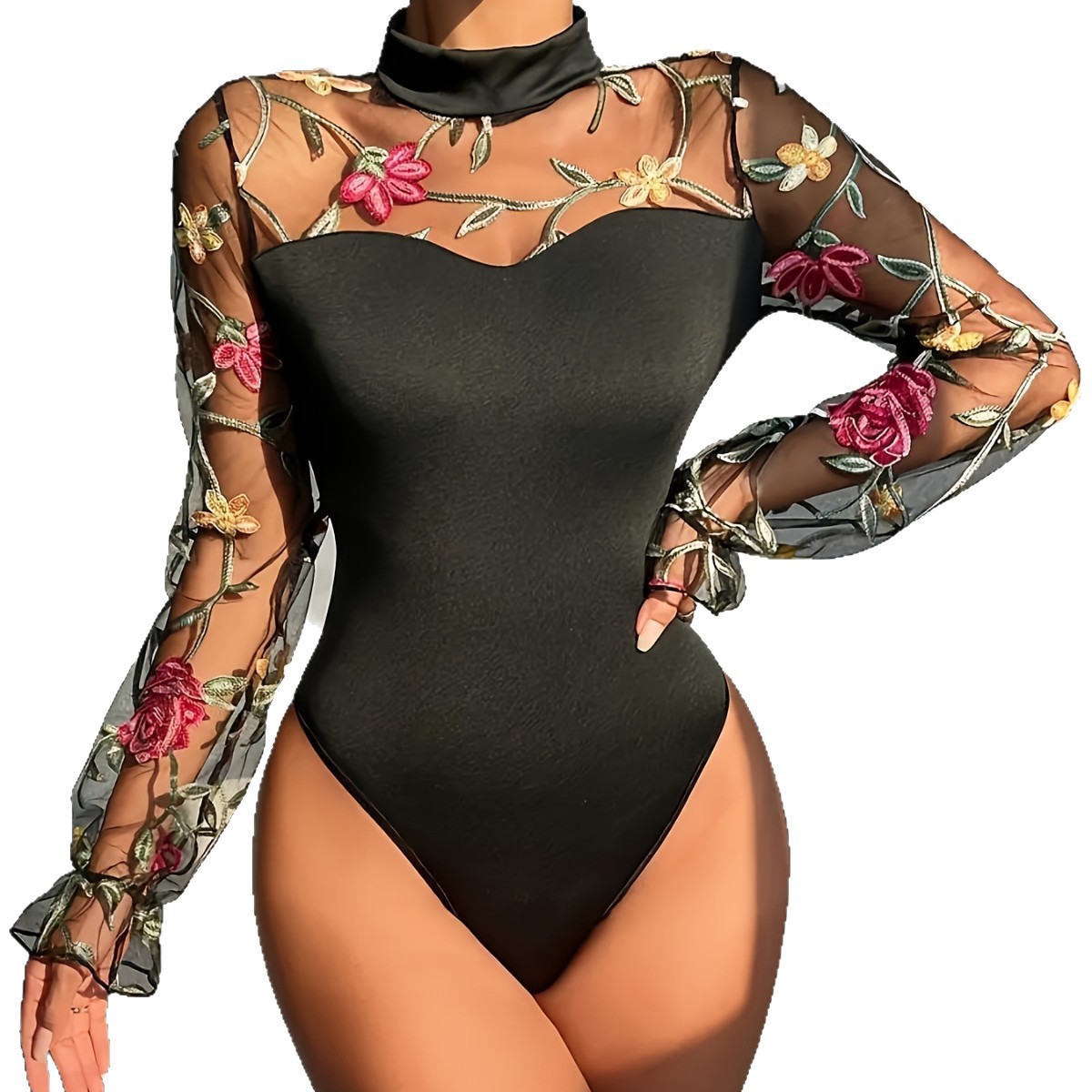 Sexy Damen-Body aus Spitzenmesh mit langen Ärmeln, halbhohem Rollkragen, transparentem Einsatz, Bauchkontrolle, dehnbarem Material – perfekt für Clubbesuche und Dates._voghion.com