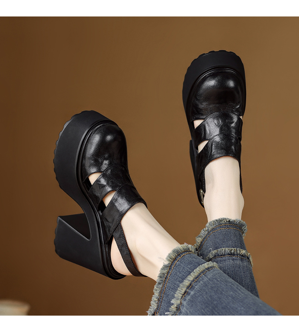 Sandal cao gót nữ đế dày quai ngang bọc da, gót 9 cm — màu nâu, màu đen chi tiết 7