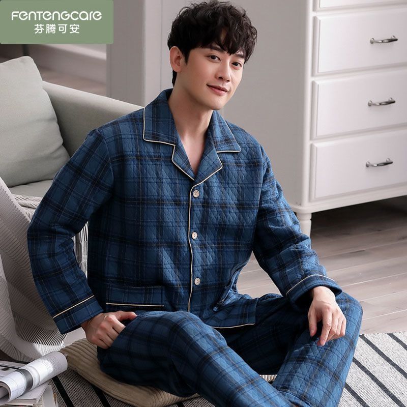 Pajamas de algodón de primavera y otoño para hombres, ropa de hogar de manga larga engrosada, otoño y invierno, conjunto de algodón de aire intercalado