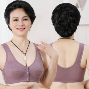 New Cotton Jacquard Vest Style Middle-Aged and Elderly Front Button Underwear Women's Lace Cup Large Size Non-Wired Bra