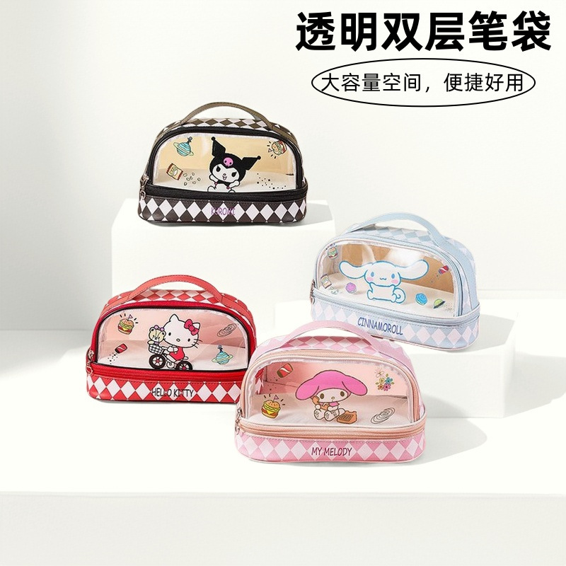 Transparent Double-Layer Pencil Case Sanrio Three-Dimensional Large-Capacity Portable Bag Primary School Student Stationery Bag Portable Cartoon Pencil Box