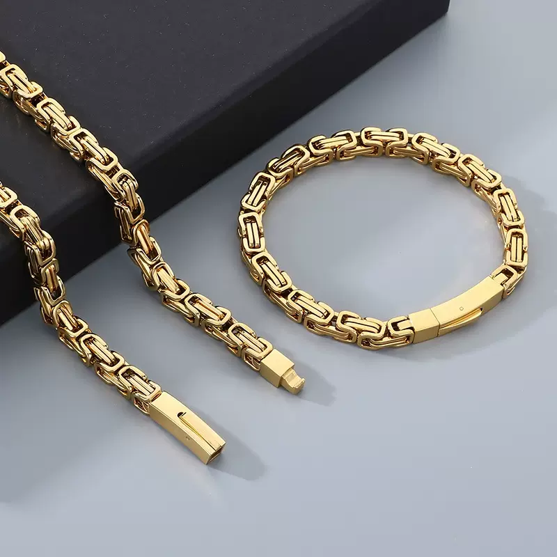 跨境个性拜占庭手链 百搭真空电镀钛钢帝王链磁性扣男士项链套装