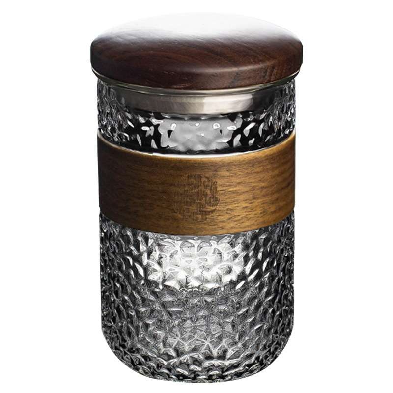 Taza de agua de vidrio de estilo japonés cubierta de madera antiquemaduras Taza de té verde patrón de martillo separación de té con tapa filtro taza de té de oficina
