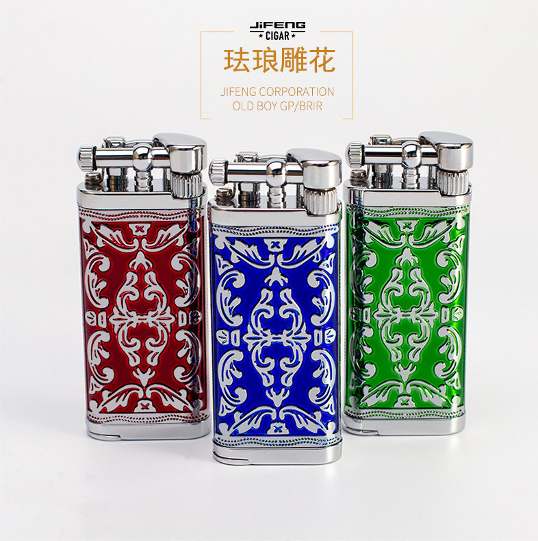 JIFENG季风黄铜复古打火机斜火砂轮点火便携带烟刀压棒高档礼盒装