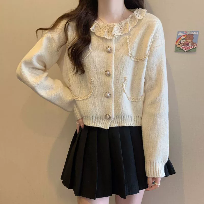 Маленький ароматный ветер популярный кружевной дизайн чувство кардиган трикотаж 2024 осень и зима новый жемчужный пряжка с круглым вырезом дикий женский