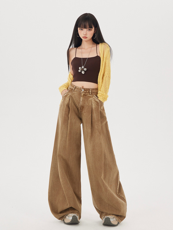 美式复古高腰牛仔裤女2025年秋季宽松百搭垂感拖地美拉德阔腿裤|undefined