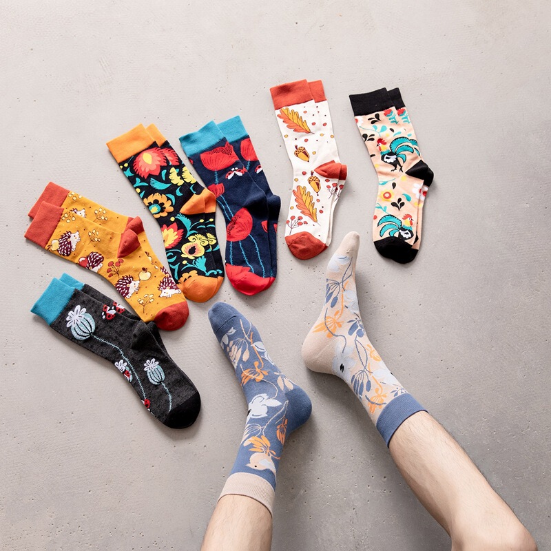 Autumn and Winter Socks Ab Feet Halloween Bat Castle Flower and Bird Mid-Tube Casual Men's Creative Trendy Socks Large Size Cross-Border