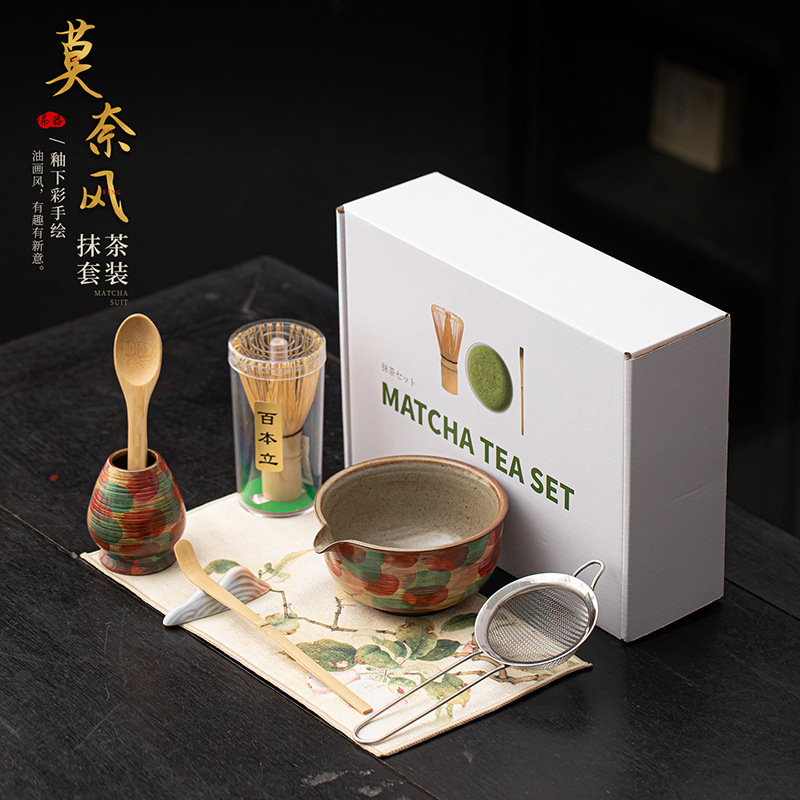莫奈风手绘陶瓷抹茶八件套宋代点茶打茶工具茶碗茶筅百本立过滤网|undefined
