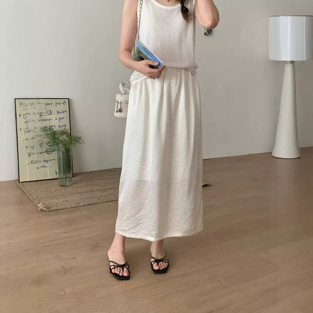 醋酸半身裙女夏季2025新款中长款后开叉垂感缎面直筒半裙长裙