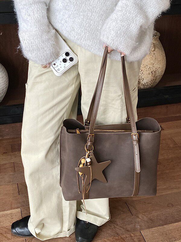 Túi tote nữ cỡ lớn dáng shopping, quai đôi đeo vai, có ngăn khóa kéo, phong cách tối giản — Màu cà phê Không có mặt dây chuyền, Màu nâu không có mặt dây chuyền, Màu xanh lá cây không có mặt dây chuyền, Đen không có mặt dây chuyền