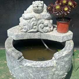 青白石流水石缸浮雕流水生财缸仿古别墅庭院青石貔貅流水石缸摆件