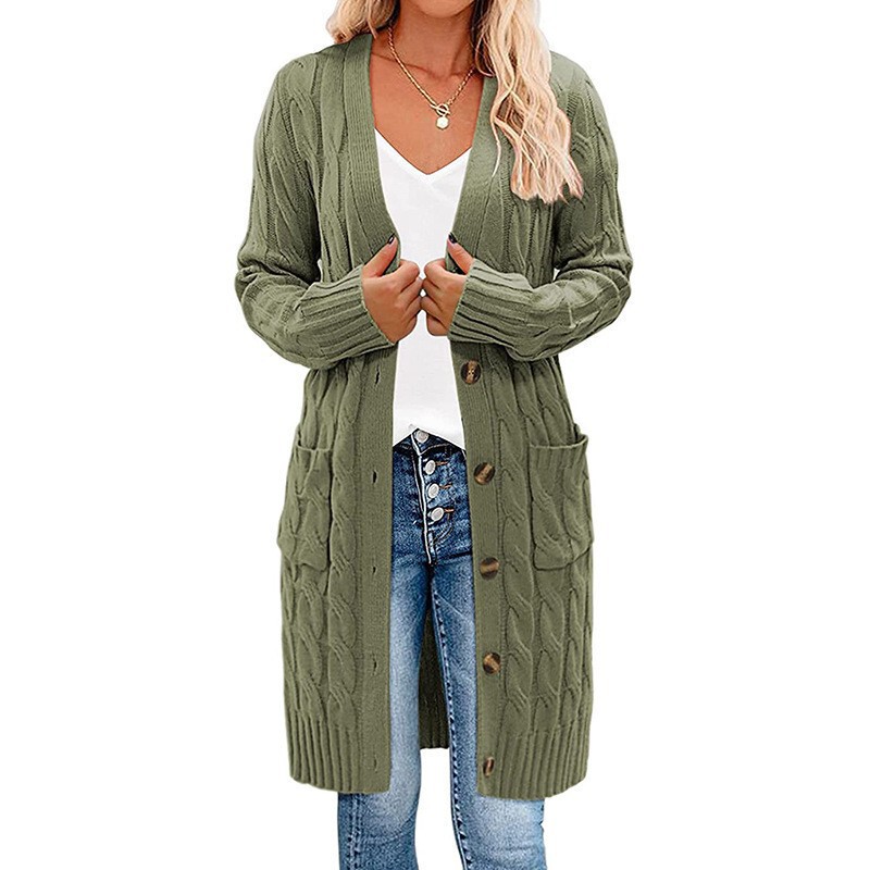 Foreign Trade Cross-border Amazon Autumn and Winter New Single-breasted Twist Pocket Solid Color Knitted Long Sweater Cardigan Jacket