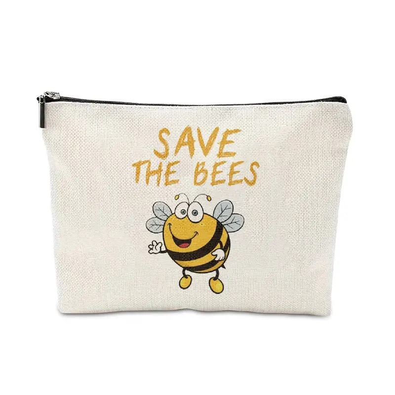 Transfronterizo Amazon Festival de abejas lino impresión doble cara bolsa de maquillaje bolsa de almacenamiento bolsa multifuncional de cremallera