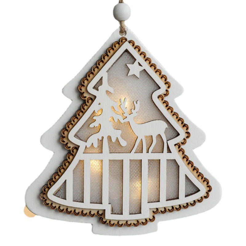 Colgante de árbol de Navidad accesorios de madera de Navidad lámpara de banda luminosa diseño de escena de estrella de pentacos blanca