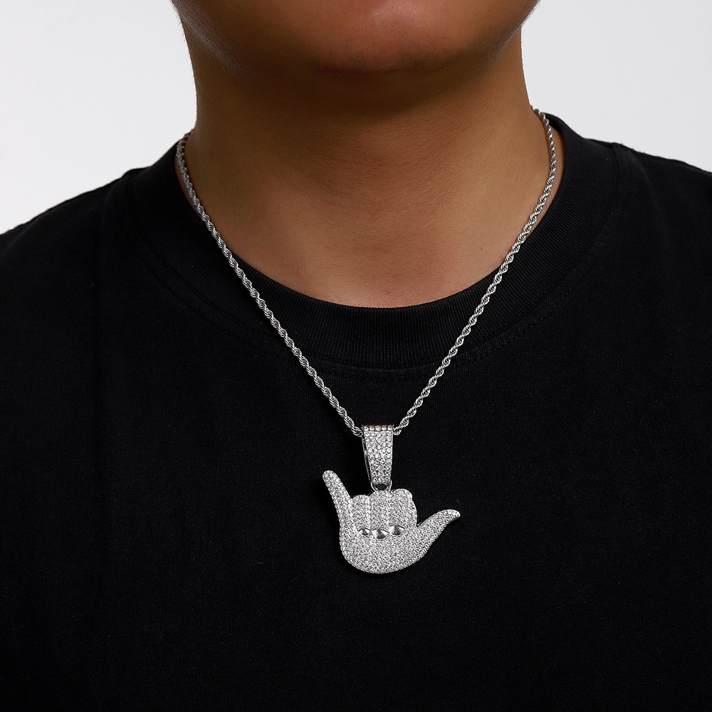 Collar con Colgante de Aleación con Diamantes Completos, Diseño de Gestos de la Suerte, Personalizado, Estilo Hip-Hop para Hombre, Cadena Cubana, Anillo de Dedo Texturizado