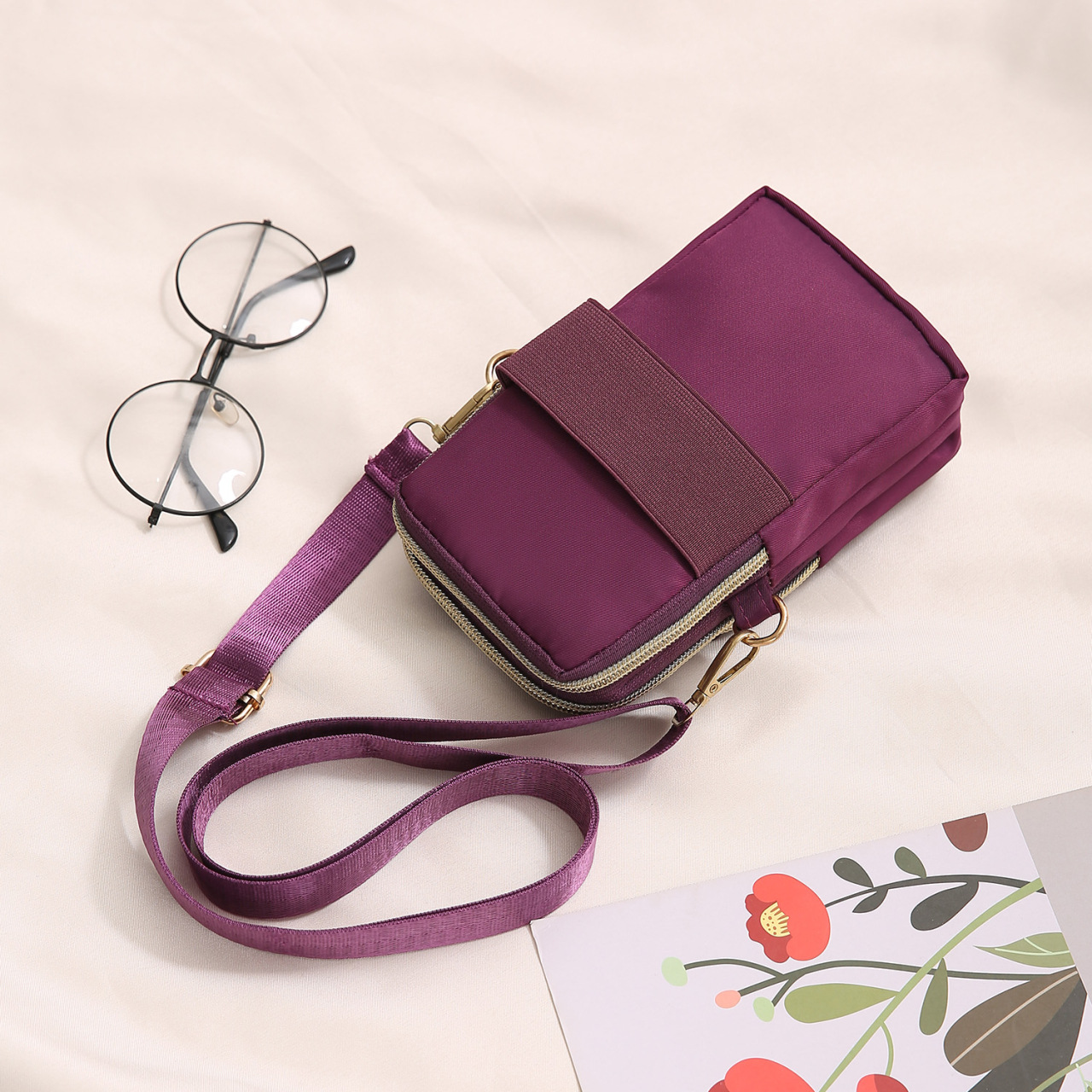 Bolso del teléfono móvil de gran capacidad bolso del teléfono móvil impreso vertical de las mujeres bolso del brazo Halter de la cremallera de tres capas bolso crossbody del hombro del paño de Oxford