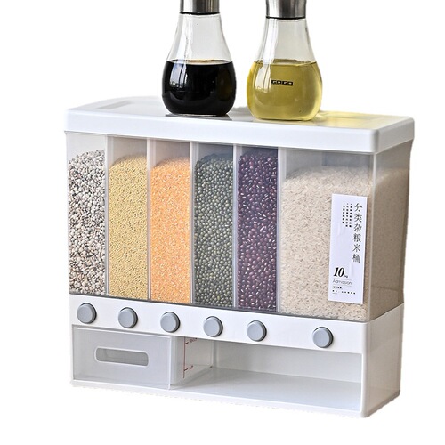 Household Japanese-style wall-mounted rice storage box, moisture-proof and insect-proof sealed pull-out grain tank, large-capacity multi-compartment grain rice bucket