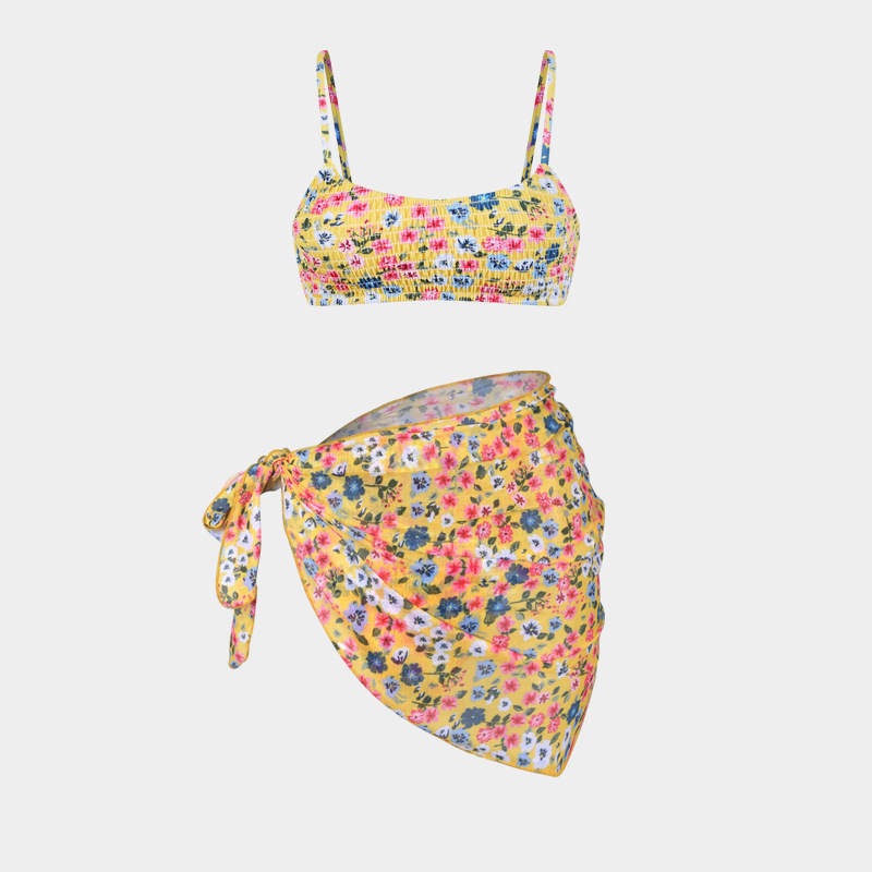 Women's Split Bikini Three-piece Swimsuit Floral Beach Wrap Set_voghion.com