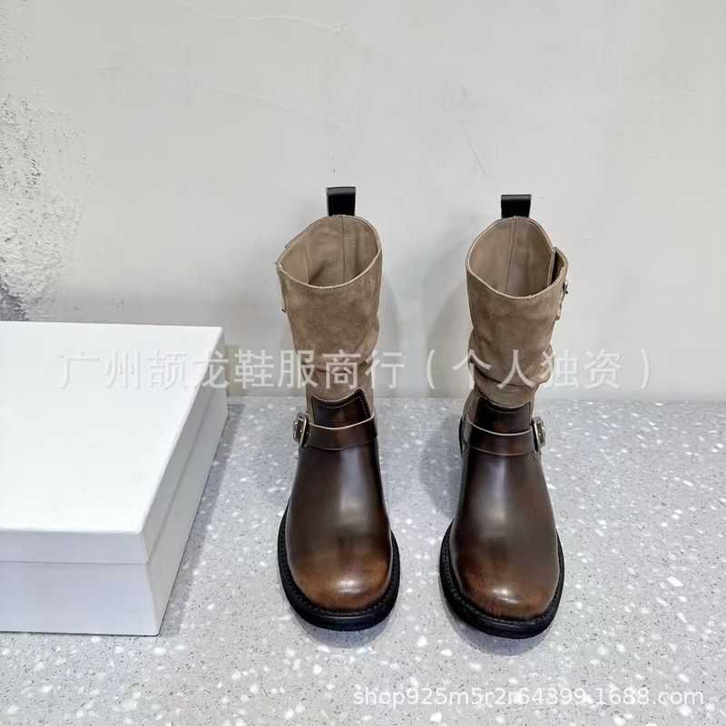 高端小众2025秋冬真皮圆头擦色复古皮带扣粗跟骑士靴中筒堆堆靴女|undefined