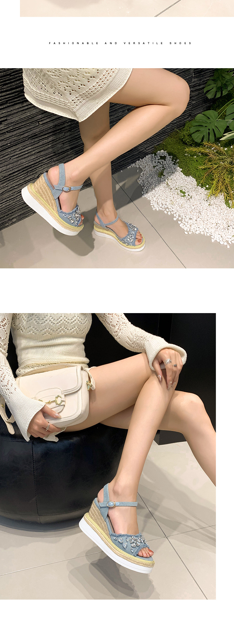 Sandal cao gót nữ đế xuồng mũi hở, quai ngang đính đá, chất liệu denim phối đế cói — Cao bồi xanh chi tiết 7