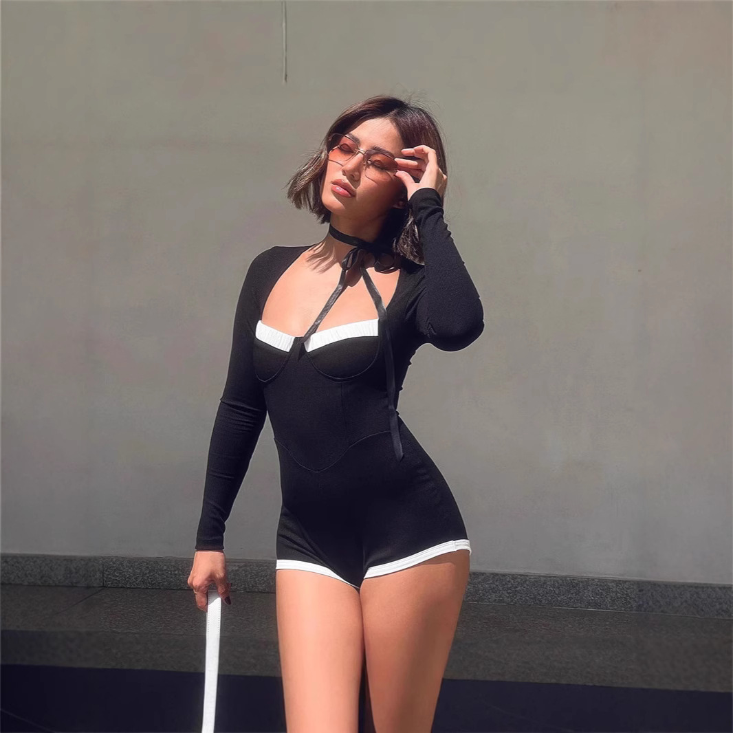 Cross-border European and American women's clothing 2024 autumn new fashion sexy hot girl pure want slim waist long sleeve jumpsuit women